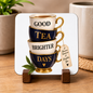 Charming Tea Stack Hardboard Coaster "Good Tea Brighter Days" Graphic 9cm x 9cm Square Drinks Coaster “Stacked Vintage Blue & White Porcelain Cups with Tea Tag Novelty Mat | Elegant Glossy Gift for Tea Lovers | Fast Dispatch by UK Seller (C3003)