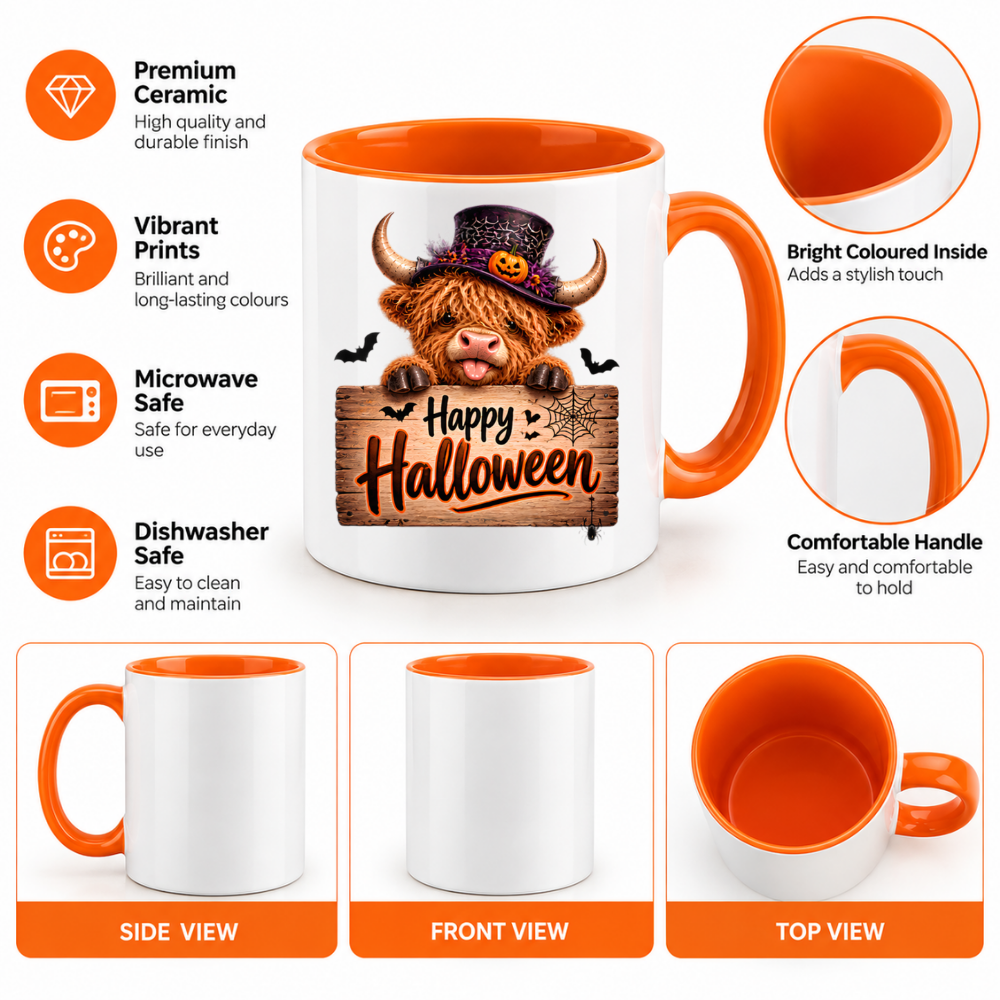 Halloween Mug "Highland Cow Top Hat Happy Halloween" Highland Cow Top Hat Happy Halloween 325ml Ceramic Coffee Mug – Cute Halloween Autumn Tea Cup Spiderweb Top Hat Jack O Lantern Wooden Sign Spider Graphic Gift | Fast Dispatch by UK Seller (M3218)