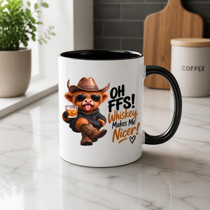 Highland Cow Whiskey Lover Mug "Oh FFS! Whiskey Makes Me Nicer!" Oh FFS! Whiskey Makes Me Nicer! 325ml Ceramic Coffee Mug – Cute Highland Cow in Cowboy Hat, Hoodie & Boots holding Rocks Glass | Funny Gift | Fast Dispatch by UK Seller (M3394)