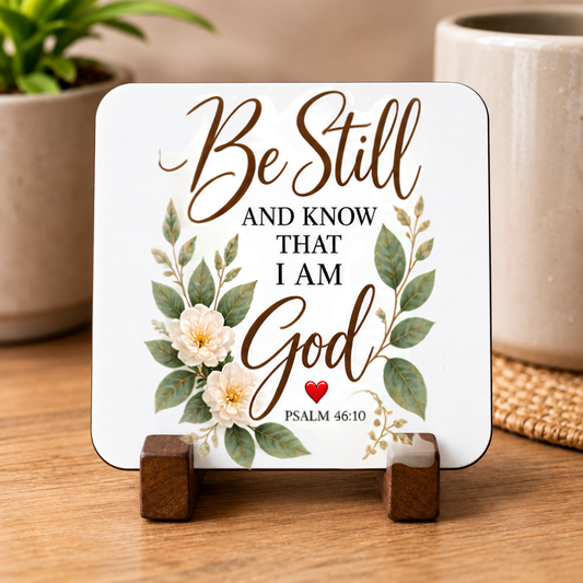Inspirational Religious Hardboard Coaster "Be Still And Know That I Am God" Graphic 9cm x 9cm Square Drinks Coaster “Botanical Green Leaves with Cream Floral Blossoms Novelty Mat | Christian Glossy Gift | Fast Dispatch by UK Seller (C3047)