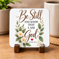 Inspirational Religious Hardboard Coaster "Be Still And Know That I Am God" Graphic 9cm x 9cm Square Drinks Coaster “Botanical Green Leaves with Cream Floral Blossoms Novelty Mat | Christian Glossy Gift | Fast Dispatch by UK Seller (C3047)