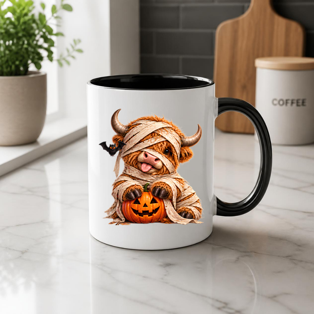 Halloween Mug "Mummy Highland Cow" Mummy Highland Cow 325ml Ceramic Coffee Mug Cute Spooky Halloween Tea Cup with Bandages and Pumpkin Graphic Gift | Available in Multicolours | Fast Dispatch by UK Seller (M3161)