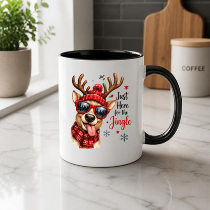 Fun Mug "Just Here for the Jingle" Reindeer 325ml Ceramic Coffee Mug Cool Winter Holiday Tea Cup with Sunglasses, Red Beanie & Scarf Gift | Available in Multicolours | Fast Dispatch by UK Seller (M1260)