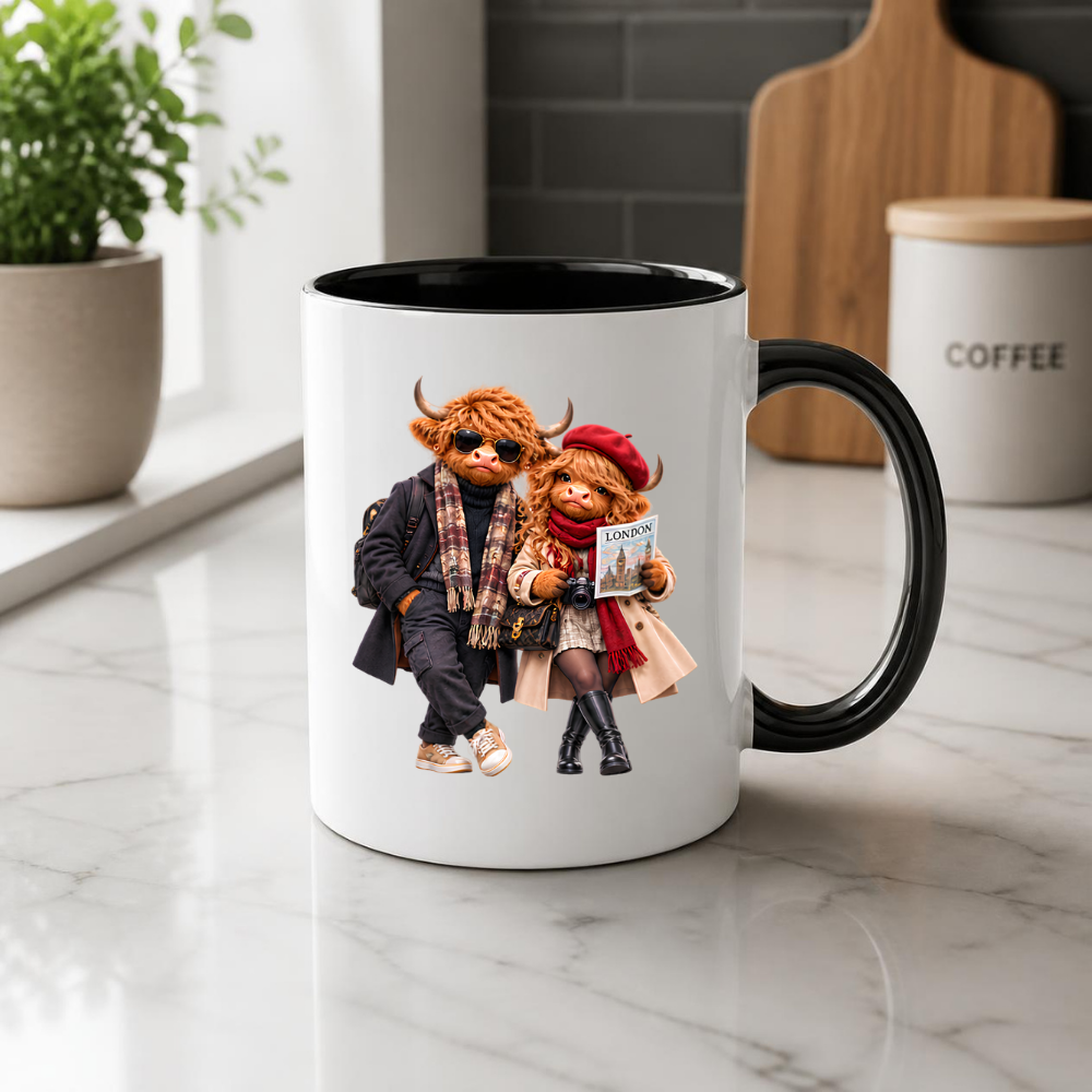 Highland Cow Mug "London Travelers Highland Cow Couple" 325ml Ceramic Coffee Mug – Stylish Highland Cow Couple in Beret, Sunglasses Trench Coats Holding Camera Gift For Travelers Couples | Available in Multicolours | Fast Dispatch by UK Seller (M3260)