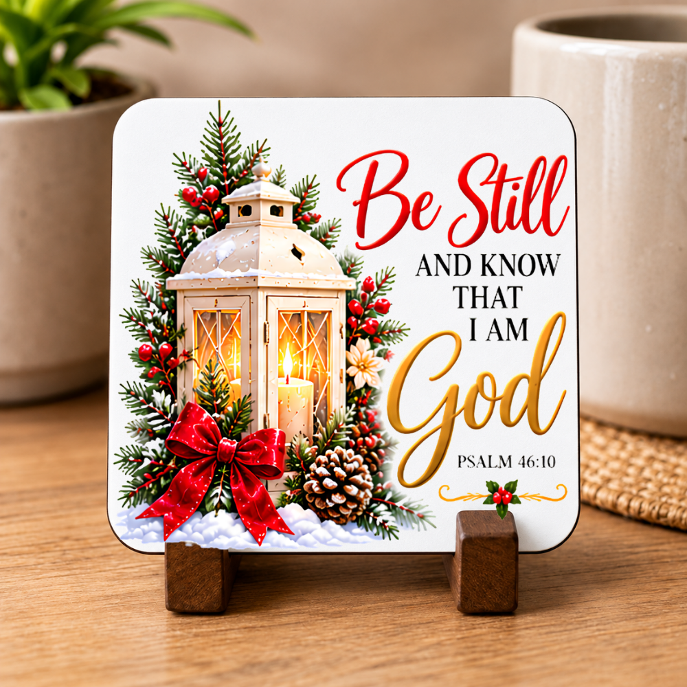 Inspirational Religious Hardboard Coaster "Be Still And Know That I Am God" Graphic 9cm x 9cm Square Drinks Coaster “ White Vintage Lantern with Red Bow, Pine Branches & Pinecones Novelty Mat | Christian Glossy Gift | Fast Dispatch by UK Seller (C3035)