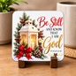 Inspirational Religious Hardboard Coaster "Be Still And Know That I Am God" Graphic 9cm x 9cm Square Drinks Coaster “ White Vintage Lantern with Red Bow, Pine Branches & Pinecones Novelty Mat | Christian Glossy Gift | Fast Dispatch by UK Seller (C3035)