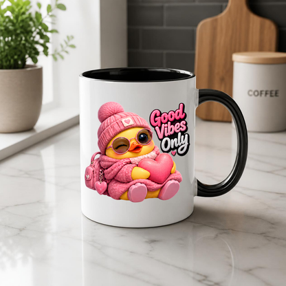 Inspirational Mug "Good Vibes Only Pink Duck" 325ml Ceramic Coffee Mug – Cute Winking Yellow Duck in Pink Beanie, Sweater, Glasses Backpack Hugging Pink Heart Cute Gift For Friends Family | Available in Multicolours | Fast Dispatch by UK Seller (M3253)