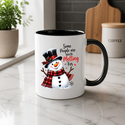 Heartwarming Mug "Some People Are Worth Melting For" Snowman 325ml Ceramic Coffee Mug Cute Winter Holiday Tea Cup with Red Plaid Scarf & Quote Gift | Available in Multicolours | Fast Dispatch by UK Seller (M1246)