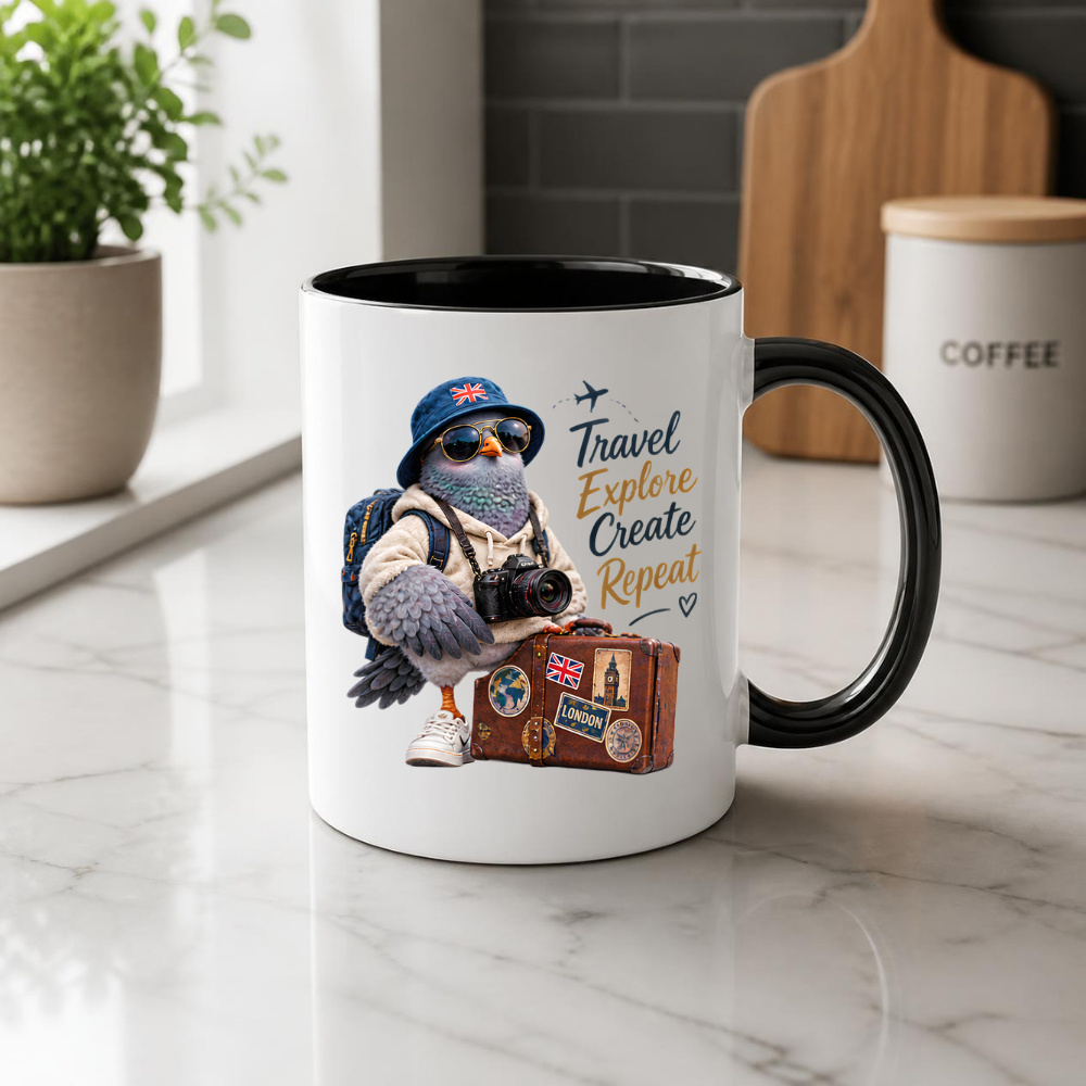 Travel Mug "Travel Explore Create Repeat Cool Pigeon" 325ml Ceramic Coffee Mug – Cool Traveller Pigeon Camera Bucket Hat Union Jack Suitcase Sneakers Gift For Tourists Photographers | Available in Multicolours | Fast Dispatch by UK Seller (M3235)
