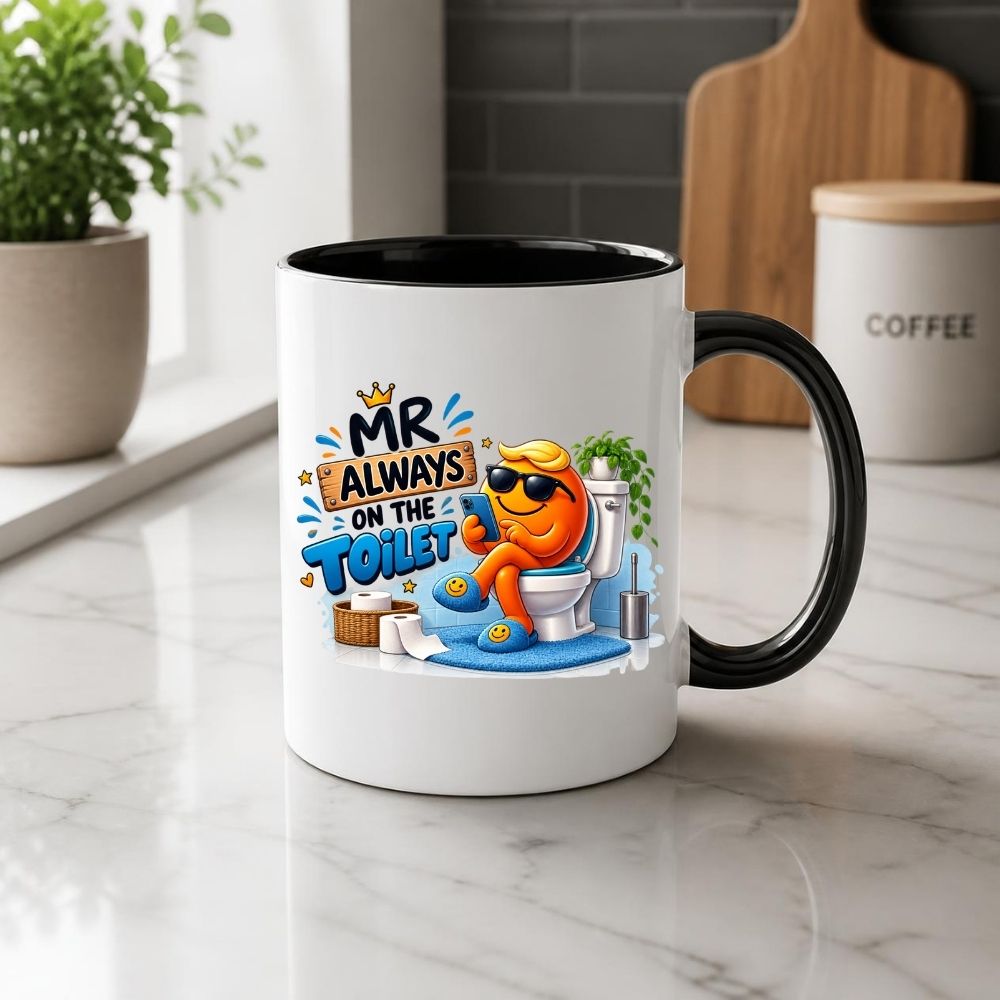 Funny Mug "Mr Always On The Toilet" Phone Addict Bathroom Humour Coffee Cup 350ml Ceramic Novelty Gift for Husband Boyfriend Dad Grandad Men, Funny Toilet Joke Birthday Christmas Secret Santa Fathers Day Gift | Fast Dispatch by UK Seller (M1020)
