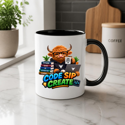 Coding Mug "Code Sip Create Highland Cow" 325ml Ceramic Coffee Mug – Cute Highland Cow Developer with Glasses Books Laptop Code Brew Repeat Cup Tech Gift For Programmers Coders | Available in Multicolours | Fast Dispatch by UK Seller (M3229)