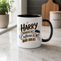 Personalized Name Mug "Harry Running On Caffeine & Bad Ideas" Harry Running On Caffeine & Bad Ideas 325ml Ceramic Coffee Mug –Custom Name Typography Slogan with Coffee Cup Graphic & Beige Banner Highlights | Funny Gift | Fast Dispatch by UK Seller (M3449)