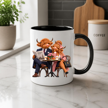 Fashion Mug "London Cafe Highland Cow Couple" London Cafe Highland Cow Couple 325ml Ceramic Coffee Mug – Chic London Today Newspaper Tea Cup With Suit Pink Coat Bistro Coffee Graphic Gift | Available in Multicolours | Fast Dispatch by UK Seller (M3189)