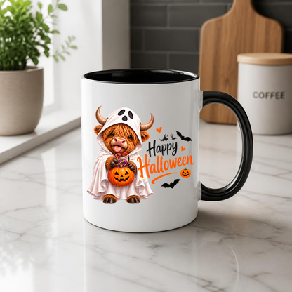 Halloween Mug "Ghost Costume Highland Cow" Ghost Costume Highland Cow 325ml Ceramic Coffee Mug – Cute Trick-or-Treat Tea Cup with Sheet Costume Pumpkin Bucket Graphic Gift | Available in Multicolours | Fast Dispatch by UK Seller (M3165)