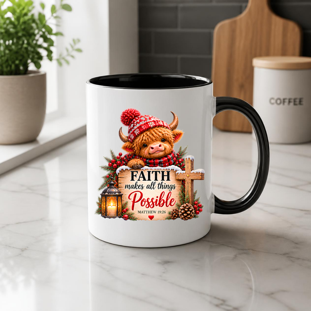 Christmas Mug "Faith Makes All Things Possible Matthew 19:26" Faith Makes All Things Possible 325ml Ceramic Coffee Mug – Festive Highland Cow Mug With Wooden Cross Lantern Holiday Gift | Available in Multicolours | Fast Dispatch by UK Seller (M3318)