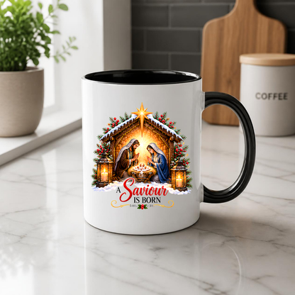Religious Christmas Mug "A Saviour Is Born" A Saviour Is Born 325ml Ceramic Coffee Mug – Nativity Scene Christmas Mug with Baby Jesus, Mary & Joseph | Christian Holiday Gift | Fast Dispatch by UK Seller (M3338)