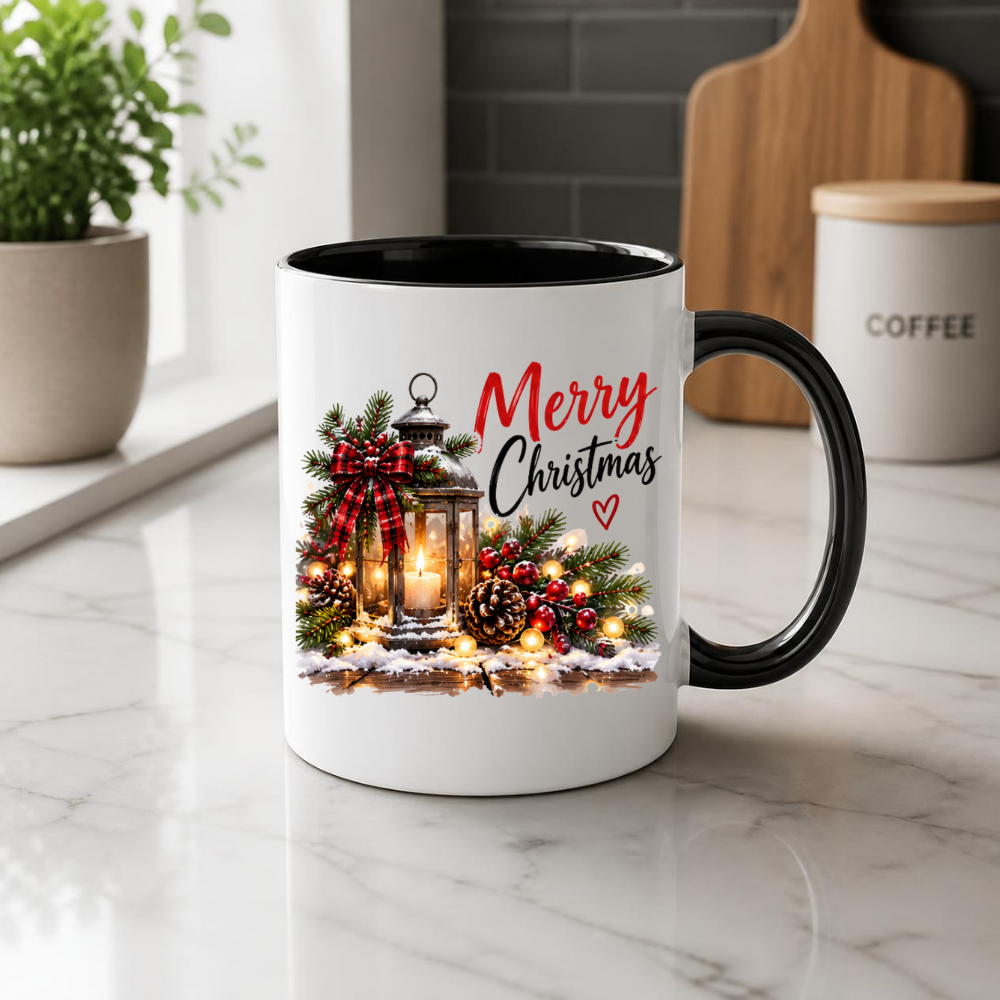 Festive Christmas Lantern Mug "Merry Christmas" Merry Christmas 325ml Ceramic Coffee Mug – Vintage Candle Lantern with Plaid Bow, Pine, Pinecones & Fairy Lights | Holiday Gift | Fast Dispatch by UK Seller (M3404)