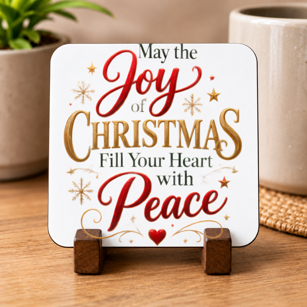 Inspirational Religious Hardboard Coaster "May The Joy Of Christmas Fill Your Heart With Peace" Graphic 9cm x 9cm Square Drinks Coaster "Re