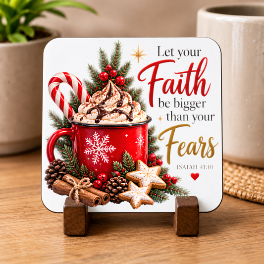 Inspirational Hardboard Coaster "Let Your Faith Be Bigger Than Your Fears" Graphic 9cm x 9cm Square Drinks Coaster “Snowflake Mug with Whipped Cream, Candy Cane, Cinnamon & Star Cookies Novelty Mat | Christian Gift | Fast Dispatch by UK Seller (C3041)