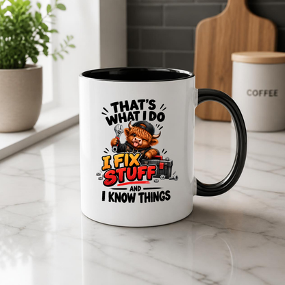 Mechanic Highland Cow Mug "That's What I Do I Fix Stuff" That's What I Do I Fix Stuff And I Know Things 325ml Ceramic Coffee Mug – Cute Handy Highland Cow with Wrench & Toolbox | Funny DIY Handyman Gift | Fast Dispatch by UK Seller (M3456)