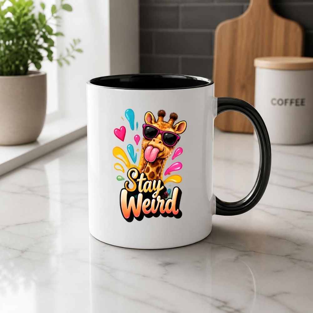 Quirky Mug "Stay Weird" Funny Giraffe 325ml Ceramic Coffee Mug Sassy Animal Lover Tea Cup with Sunglasses, Splashes & Hearts Graphic Gift | Available in Multicolours | Fast Dispatch by UK Seller (M1319)