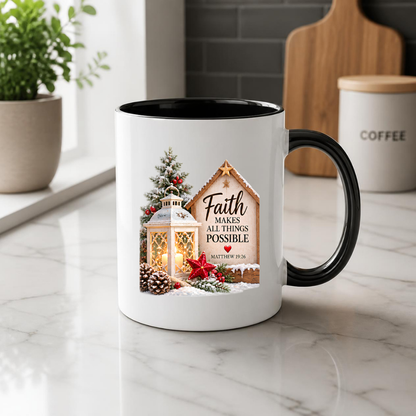 Christmas Mug "Faith Makes All Things Possible Matthew 19:26" 325ml Ceramic Coffee Mug – Cozy Winter Lantern Snow Covered Tree Wooden Sign Christian Holiday Gift | Available in Multicolours | Fast Dispatch by UK Seller (M3298)
