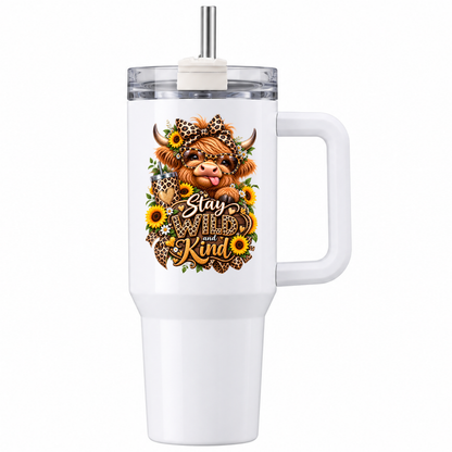 Cute Highland Cow Travel Tumbler "Stay Wild And Kind" Graphic 40oz Stainless Steel Insulated Travel Mug with Handle & Straw â€“ Cheeky Calf with Leopard Glasses, Sunflowers & Iced Coffee Cup Novelty Travel Cup | Fast Dispatch by UK Seller (T3003)