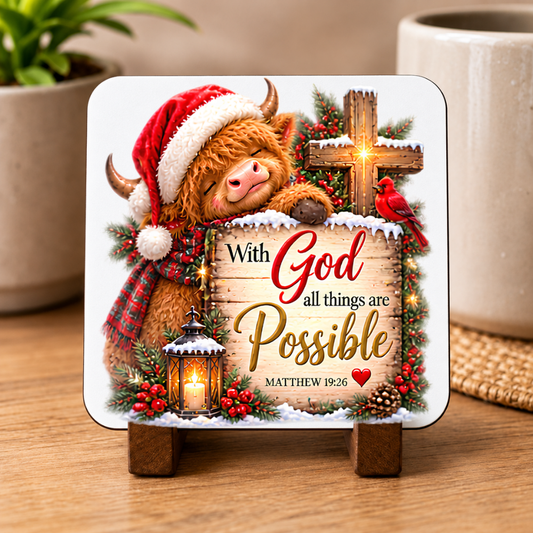 Festive Christian Christmas Coaster "With God All Things Are Possible Matthew 19:26" Graphic Glossy Hardboard 9x9cm Drinks Mat – Highland Cow, Wooden Cross, Lantern & Red Cardinal Holiday Tableware Gift | Fast Dispatch by UK Seller (C3061)