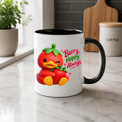Inspirational Mug "Berry Happy Always Strawberry Duck" Berry Happy Always 325ml Ceramic Coffee Mug – Cute Winking Strawberry Duck Hugging A Strawberry Heartwarming Gift For Friends Family | Available in Multicolours | Fast Dispatch by UK Seller (M3247)