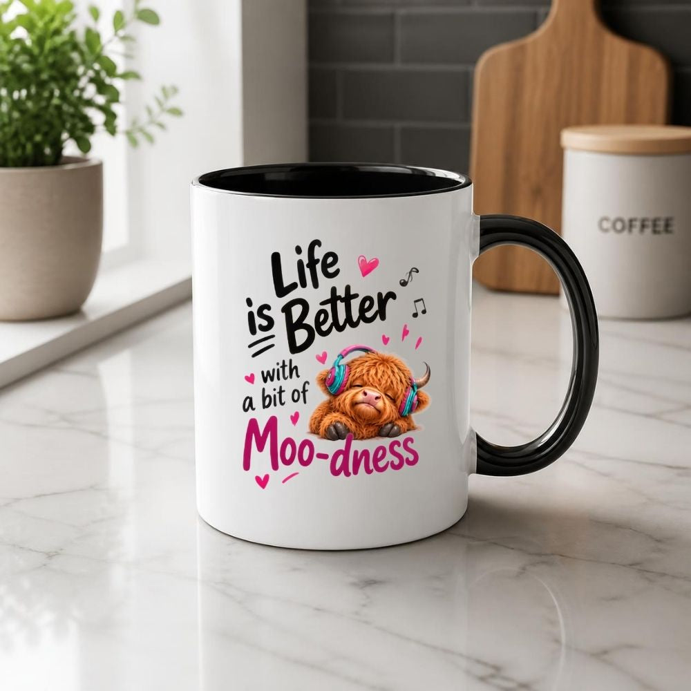 Inspiring Mug "Life is Better with a bit of Moo-dness" Highland Cow 325ml Ceramic Coffee Mug Cute Animal Tea Cup with Headphones, Music Notes & Hearts Gift | Available in Multicolours | Fast Dispatch by UK Seller (M1290)