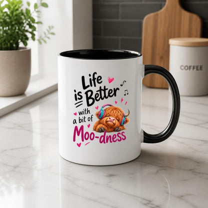 Inspiring Mug "Life is Better with a bit of Moo-dness" Highland Cow 325ml Ceramic Coffee Mug Cute Animal Tea Cup with Headphones, Music Notes & Hearts Gift | Available in Multicolours | Fast Dispatch by UK Seller (M1290)