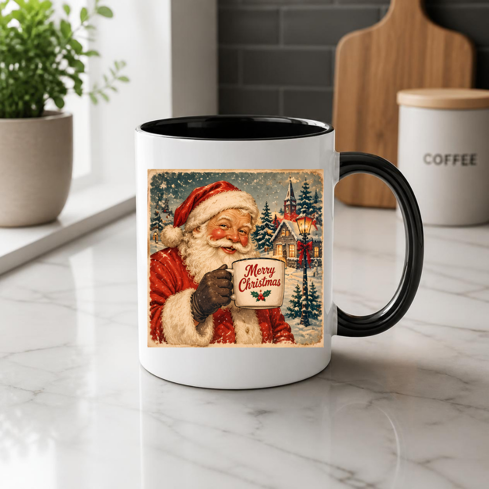 Vintage Santa Claus Mug "Merry Christmas" Merry Christmas 325ml Ceramic Coffee Mug – Vintage Santa Claus Holding Coffee Mug in Snowy Village with Streetlamp | Festive Holiday Gift | Fast Dispatch by UK Seller (M3415)