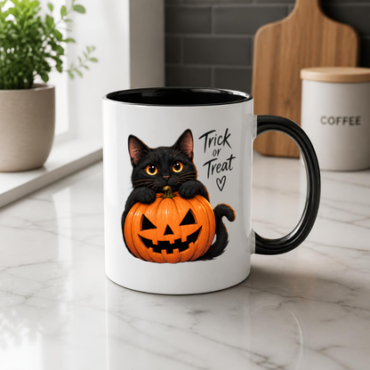 Halloween Mug "Black Cat Pumpkin Trick or Treat" Black Cat Pumpkin Trick or Treat 325ml Ceramic Coffee Mug – Cute Halloween Autumn Tea Cup With Black Kitty Jack O Lantern Graphic Gift | Available in Multicolours | Fast Dispatch by UK Seller (M3223)