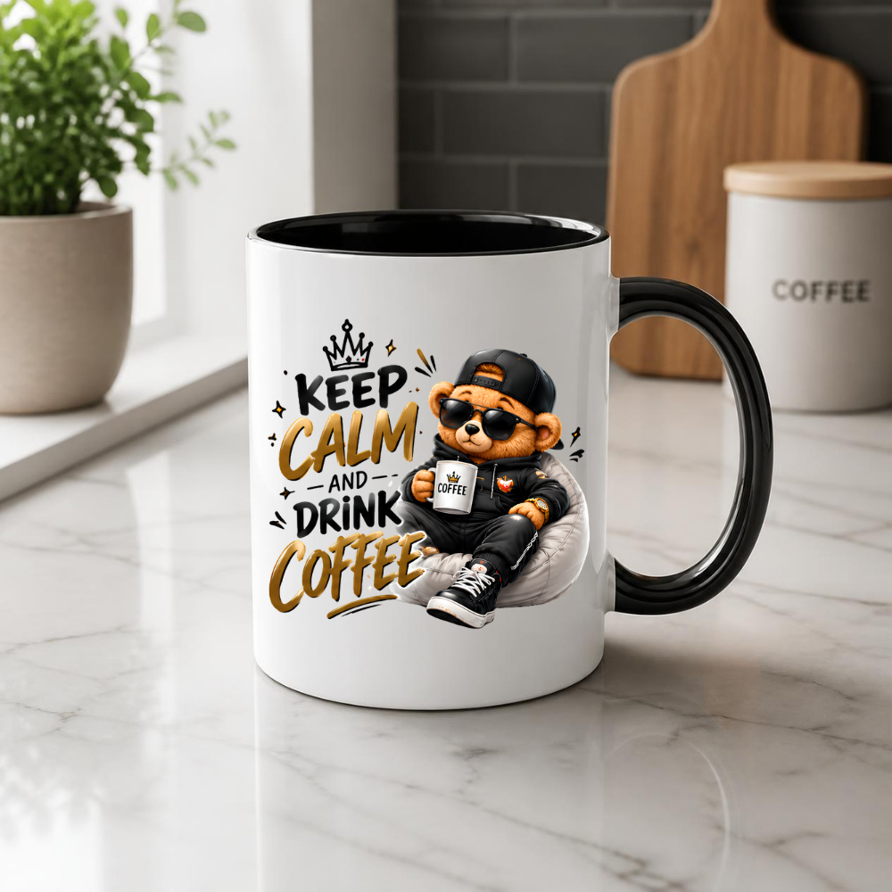 Teddy Bear Mug "Keep Calm And Drink Coffee" 325ml Ceramic Coffee Tea Cup – Cool Bear Graphic, Sunglasses, Hoodie & Slogan Novelty Gift for Coffee Lovers, Birthday – Fast Dispatch by UK Seller (M3504)