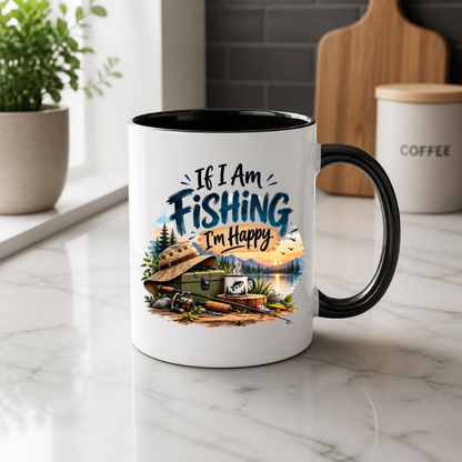 Fishing Mug "If I Am Fishing I’m Happy" Angler Ceramic Coffee Cup 350ml, Fishing Rod Lake Sunset Outdoor Hobby Novelty Gift for Fisherman Dad Grandad Husband Boyfriend, Birthday Christmas Fathers Day Secret Santa | Fast Dispatch by UK Seller (M1054)