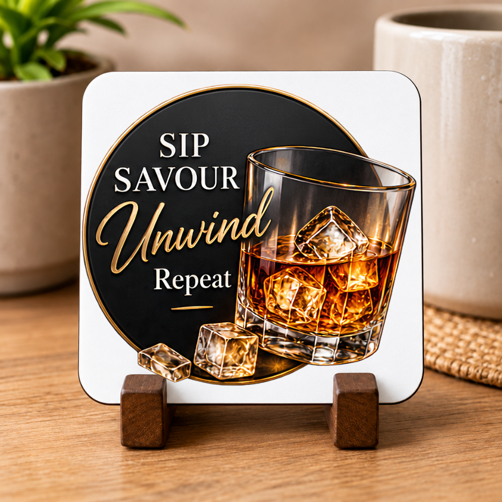 Sophisticated Whiskey Hardboard Coaster "Sip Savour Unwind Repeat" Graphic 9cm x 9cm Square Drinks Coaster  "Tumbler Glass with Ice Cubes & Gold Rim Circular Frame Novelty Mat | Elegant Glossy Gift for Whiskey Lovers | Fast Dispatch by UK Seller (C3009)