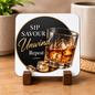 Sophisticated Whiskey Hardboard Coaster "Sip Savour Unwind Repeat" Graphic 9cm x 9cm Square Drinks Coaster  "Tumbler Glass with Ice Cubes & Gold Rim Circular Frame Novelty Mat | Elegant Glossy Gift for Whiskey Lovers | Fast Dispatch by UK Seller (C3009)