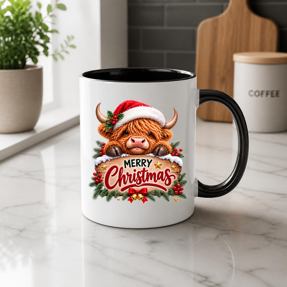 Christmas Mug "Peeking Santa Hat Highland Cow" Peeking Santa Hat Highland Cow 325ml Ceramic Coffee Mug – Cute Festive Wooden Sign Tea Cup With Holly Jingle Bells Graphic Present | Available in Multicolours | Fast Dispatch by UK Seller (M3171)