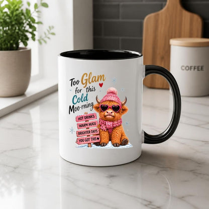 Sassy Mug "Too Glam for this Cold Moo-rning" Highland Cow 325ml Ceramic Coffee Mug Cute Winter Tea Cup with Heart Sunglasses, Pink Beanie & Motivational Sign Gift | Available in Multicolours | Fast Dispatch by UK Seller (M1297)