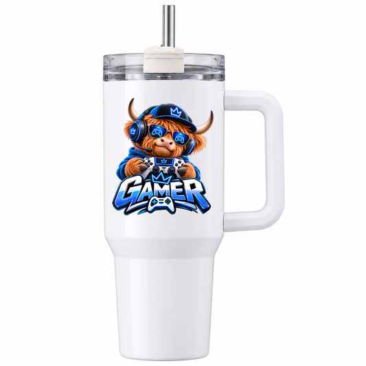 Funny Gaming Travel Tumbler "Gamer" Graphic 40oz Stainless Steel Insulated Travel Mug with Handle & Straw – Highland Cow in Cap, Sunglasses & Headset with Controller Novelty Gift for Gamers | Fast Dispatch by UK Seller (T3061)