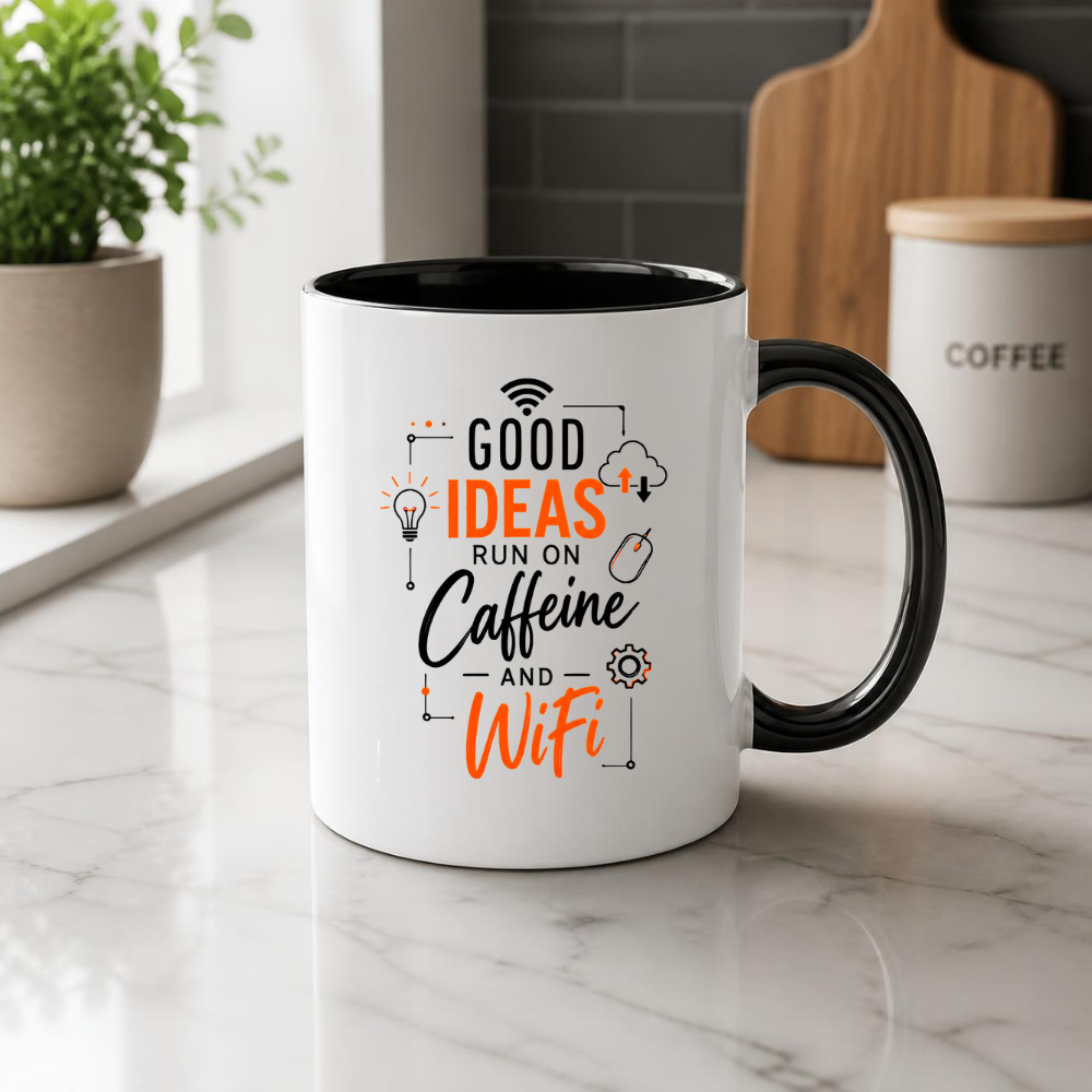 Tech Mug "Good Ideas Run On Caffeine And WiFi" Good Ideas Run On Caffeine And WiFi 325ml Ceramic Coffee Mug – Funny Tech & Office Typography Mug with Lightbulb, Cloud & WiFi Icons | Gift for IT & Remote Workers | Fast Dispatch by UK Seller (M3332)