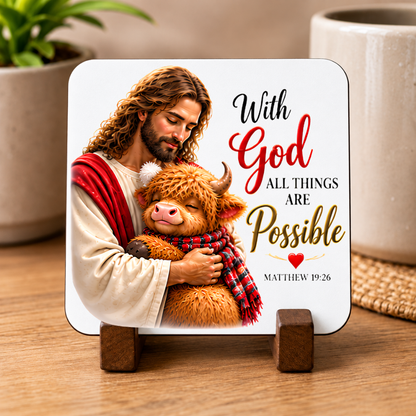 Inspirational Religious Hardboard Coaster "With God All Things Are Possible" Graphic 9cm x 9cm Square Drinks Coaster “ Jesus Embracing Cute
