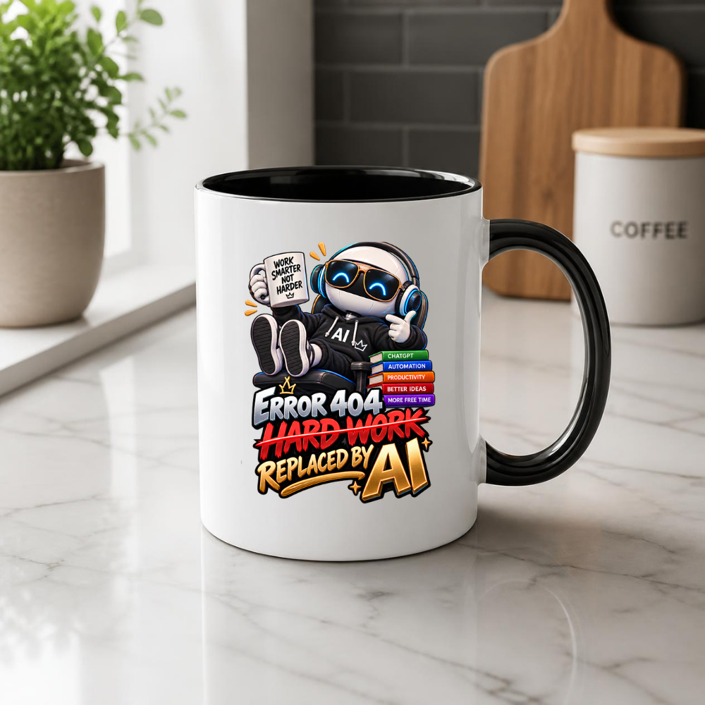 Tech Mug "Error 404 Hard Work Replaced By AI" Error 404 Hard Work Replaced By AI 325ml Ceramic Coffee Mug – Funny Robot IT Developer Mug with Work Smarter Not Harder & ChatGPT Books | Tech Gift | Fast Dispatch by UK Seller (M3324)