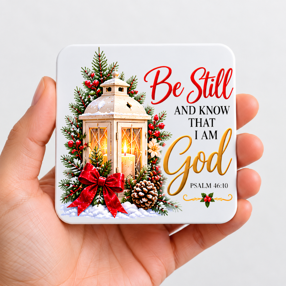 Inspirational Religious Hardboard Coaster "Be Still And Know That I Am God" Graphic 9cm x 9cm Square Drinks Coaster “ White Vintage Lantern with Red Bow, Pine Branches & Pinecones Novelty Mat | Christian Glossy Gift | Fast Dispatch by UK Seller (C3035)