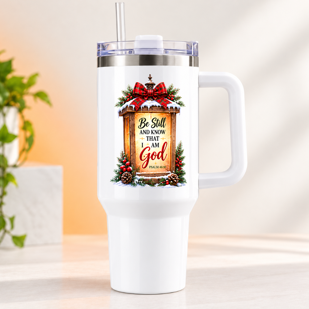 Inspirational Religious Travel Tumbler "Be Still And Know That I Am God" Graphic 40oz Stainless Steel Insulated Travel Mug with Handle & Straw “ Rustic Lantern with Tartan Bow, Pinecones & Holly Berries Novelty Cup | Fast Dispatch by UK Seller (T3010)