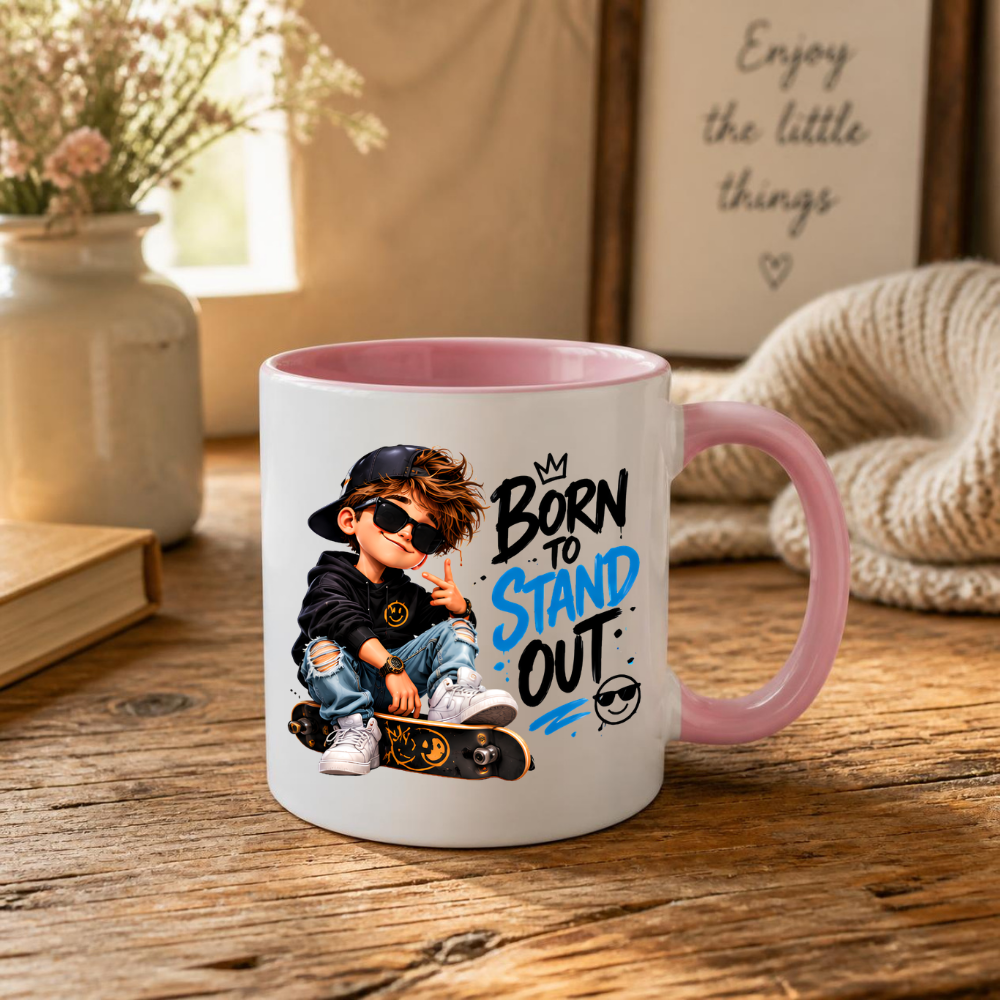 Skater Mug "Born To Stand Out" 325ml Ceramic Coffee Tea Cup – Cool Boy Graphic, Sunglasses, Skateboard & Slogan Novelty Gift for Teens, Bestie, Birthday – Fast Dispatch by UK Seller (M3498)