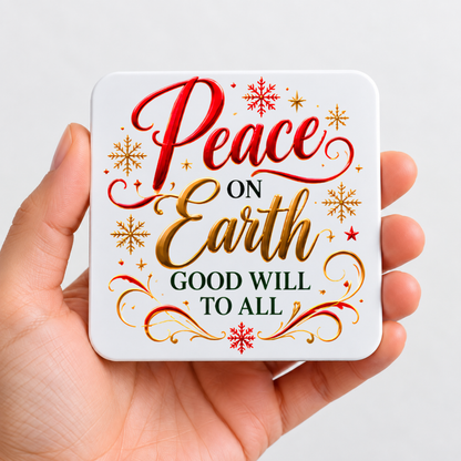 Festive Christian Christmas Coaster "Peace on Earth Good Will to All" Graphic Glossy Hardboard 9x9cm Drinks Mat – Red & Golden Script Holiday Tableware Gift | Fast Dispatch by UK Seller (C3055)