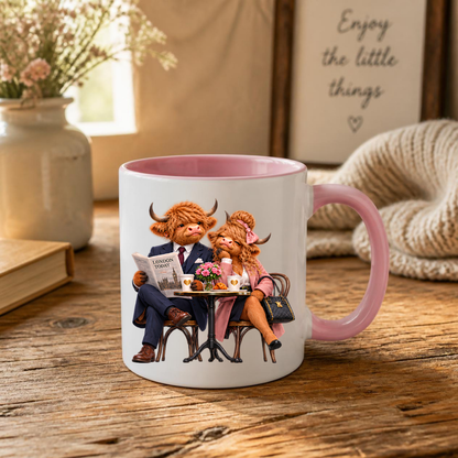 Fashion Mug "London Cafe Highland Cow Couple" London Cafe Highland Cow Couple 325ml Ceramic Coffee Mug – Chic London Today Newspaper Tea Cup With Suit Pink Coat Bistro Coffee Graphic Gift | Available in Multicolours | Fast Dispatch by UK Seller (M3189)