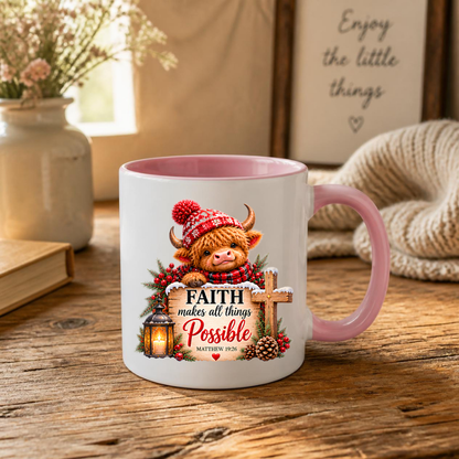 Christmas Mug "Faith Makes All Things Possible Matthew 19:26" Faith Makes All Things Possible 325ml Ceramic Coffee Mug – Festive Highland Cow Mug With Wooden Cross Lantern Holiday Gift | Available in Multicolours | Fast Dispatch by UK Seller (M3318)