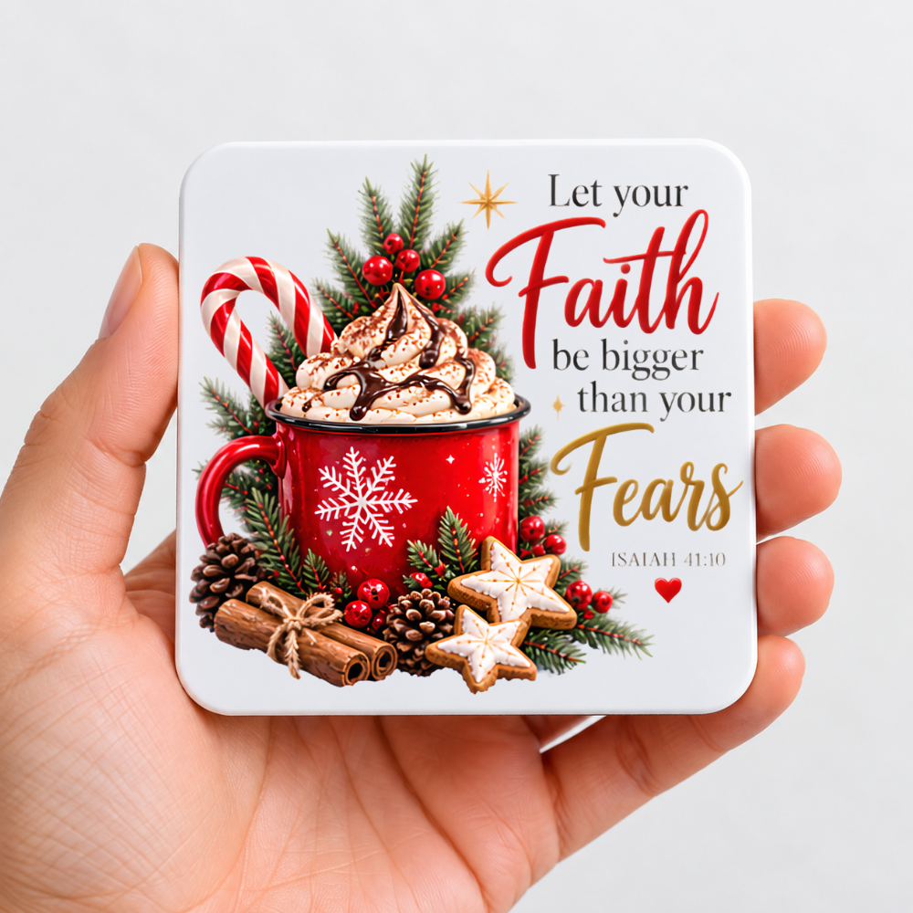 Inspirational Hardboard Coaster "Let Your Faith Be Bigger Than Your Fears" Graphic 9cm x 9cm Square Drinks Coaster “Snowflake Mug with Whipped Cream, Candy Cane, Cinnamon & Star Cookies Novelty Mat | Christian Gift | Fast Dispatch by UK Seller (C3041)